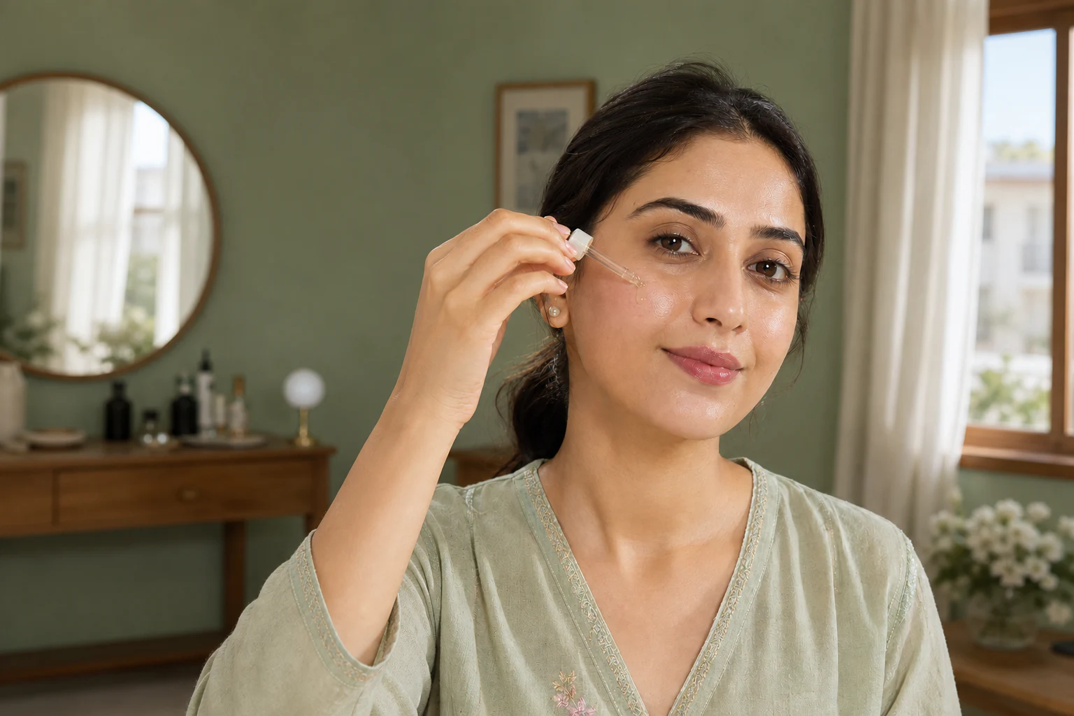 A woman holding a facial-oil dropper near her cheek
