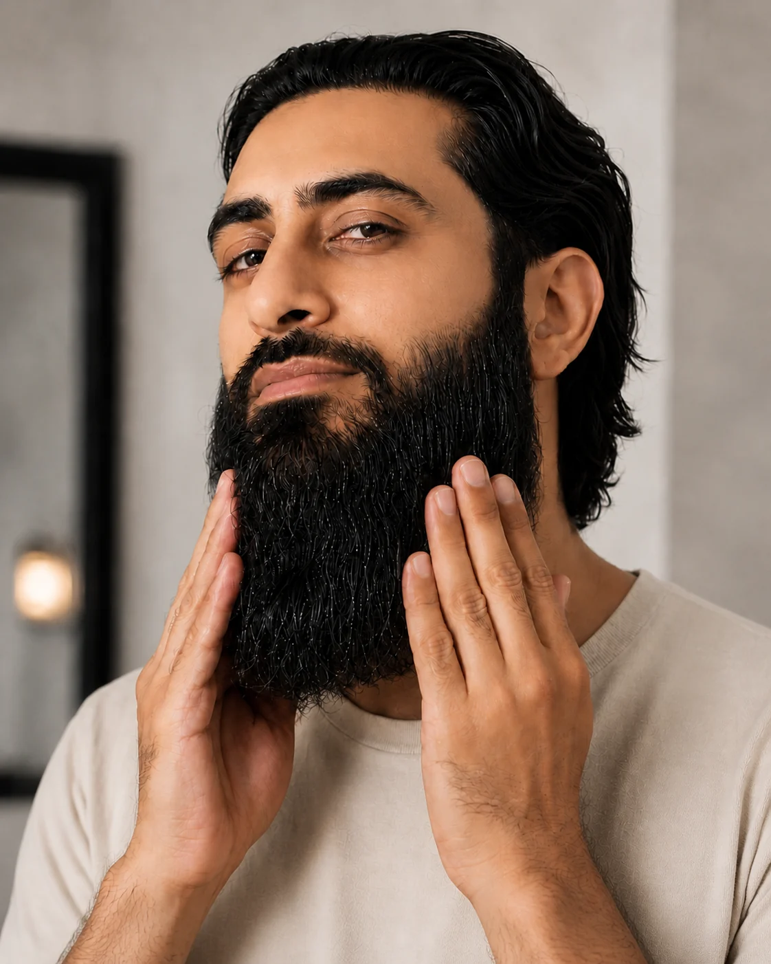 A man smoothing his beard with both hands