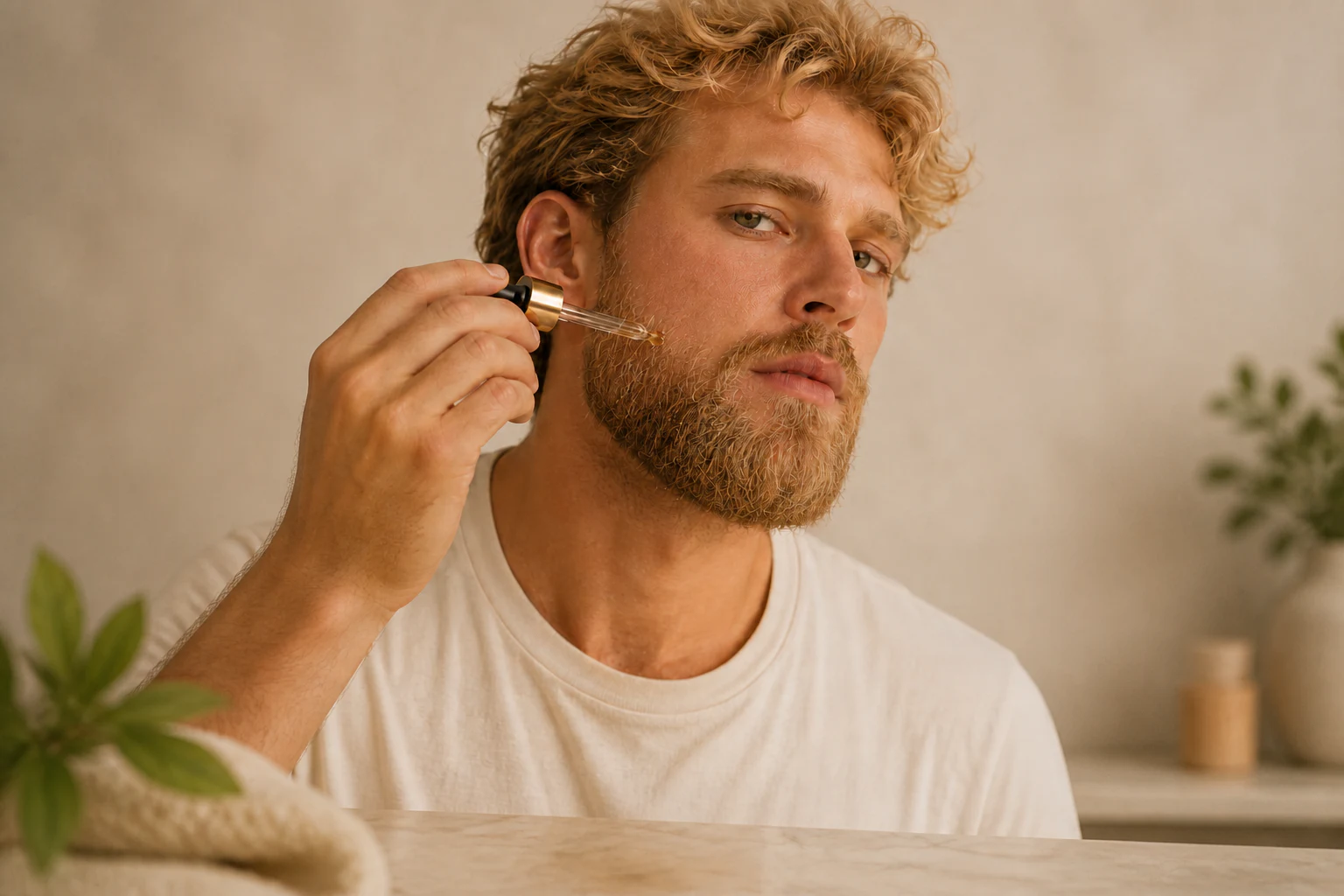 A man applying beard oil with a dropper