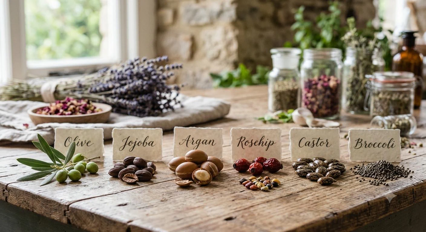 Olive, jojoba, argan, rosehip, castor and broccoli botanical ingredients arranged on a wooden table