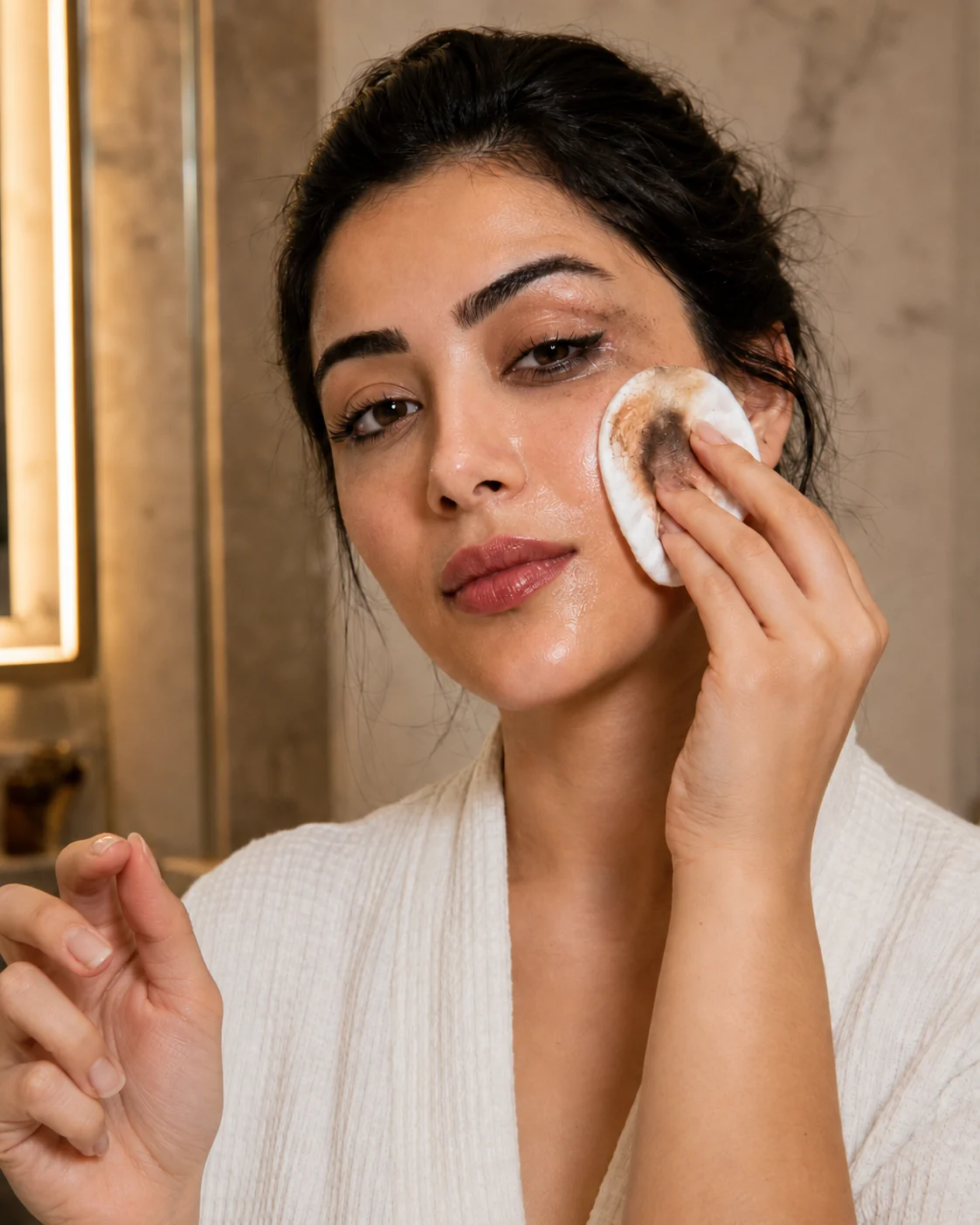 A woman using a cotton pad to remove eye makeup
