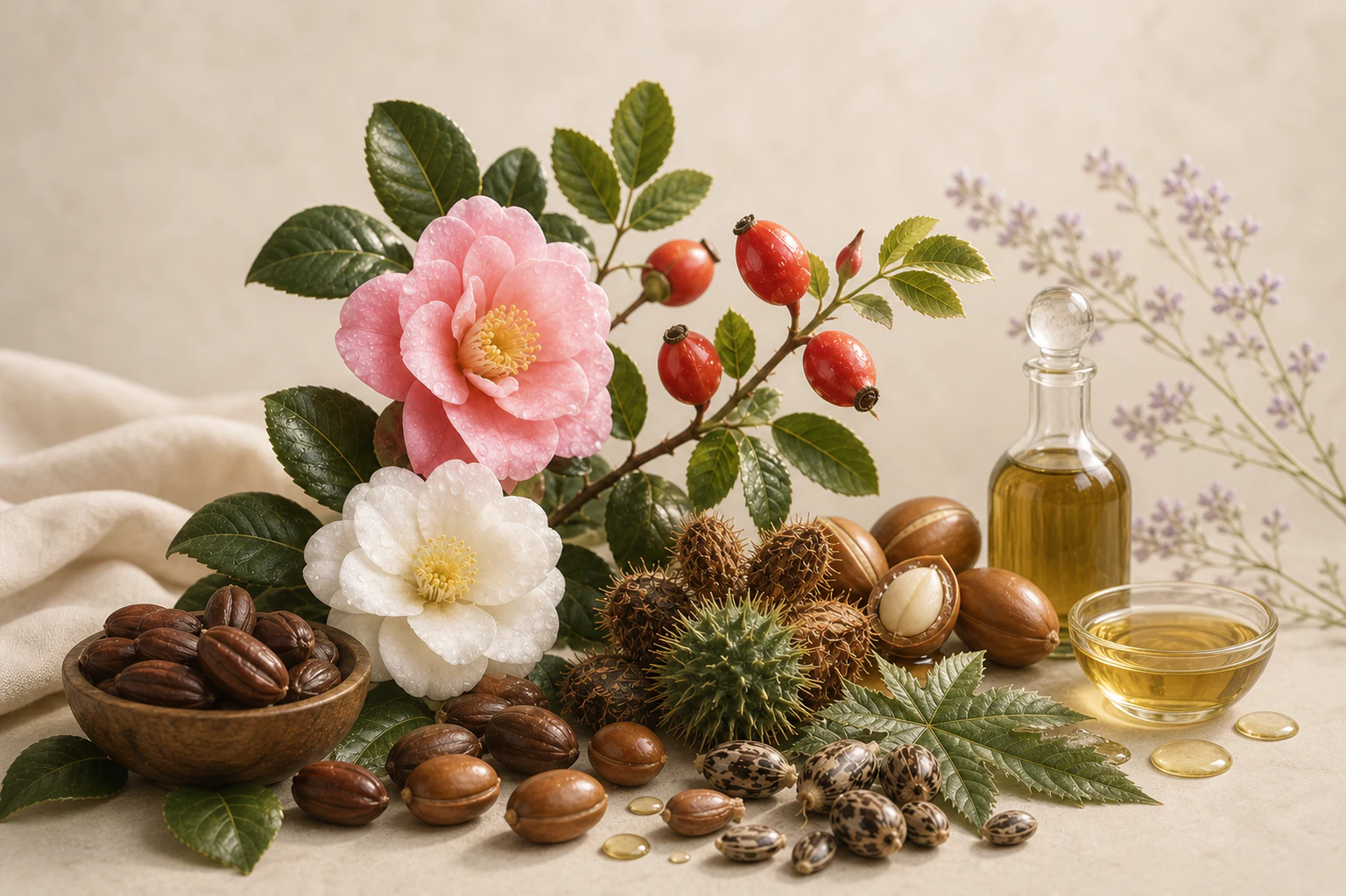 A botanical still life with flowers, seeds and golden oils