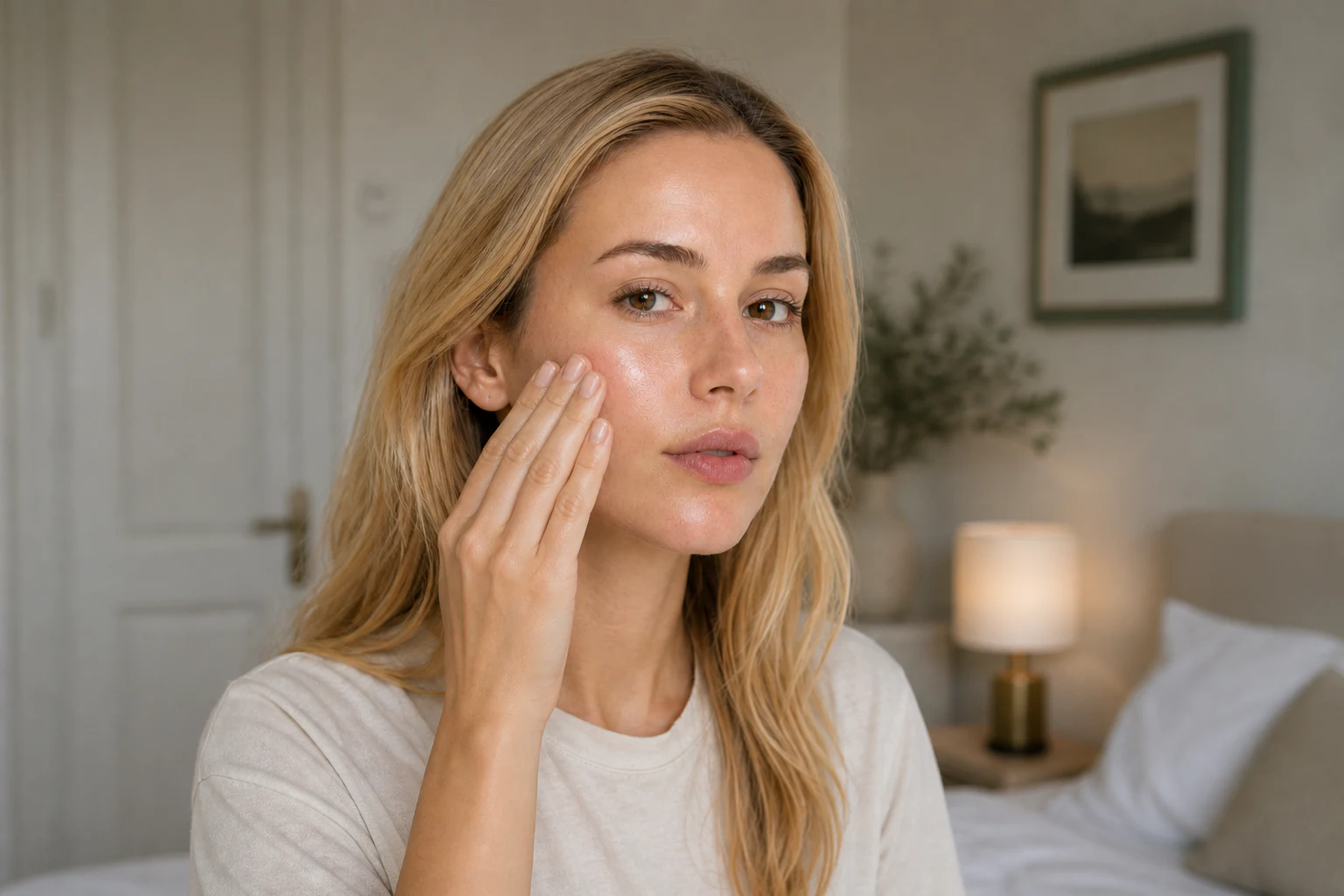 A woman gently pressing facial oil onto her cheek