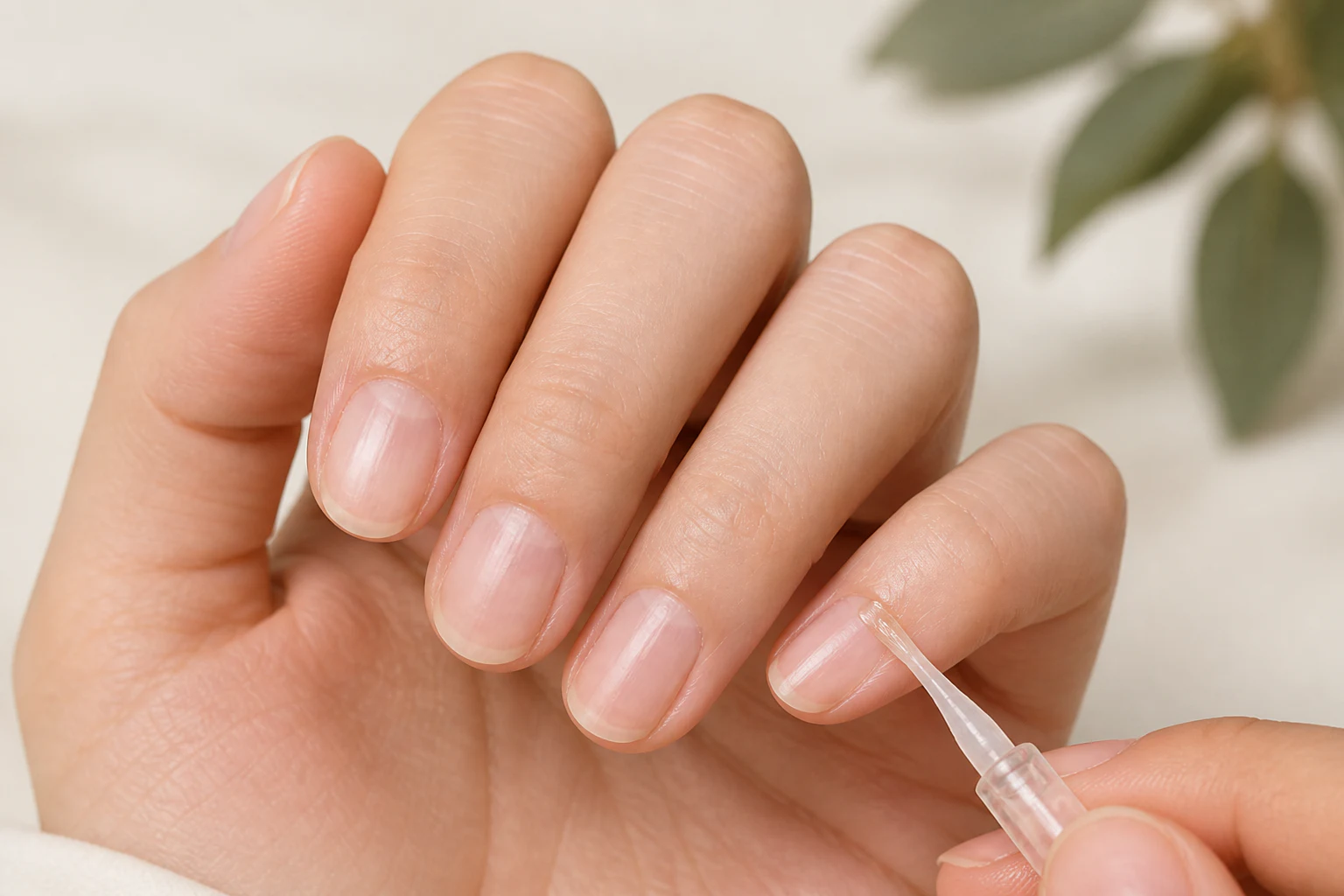 Clear serum being brushed along a natural cuticle