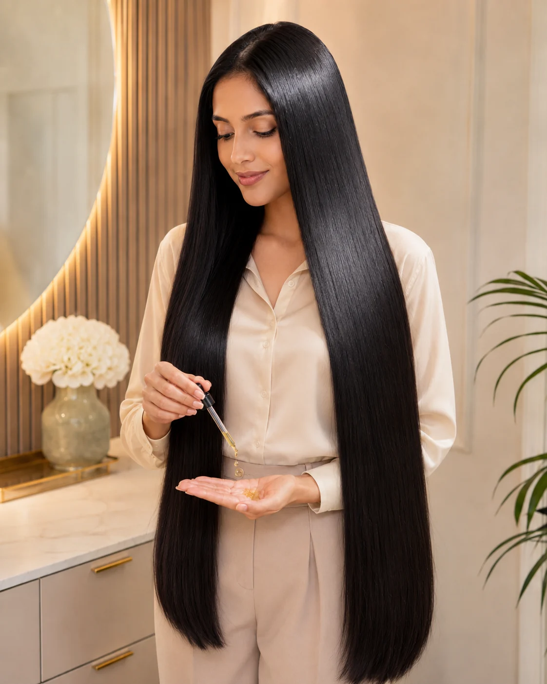 A woman dispensing hair serum into her palm beside her long hair